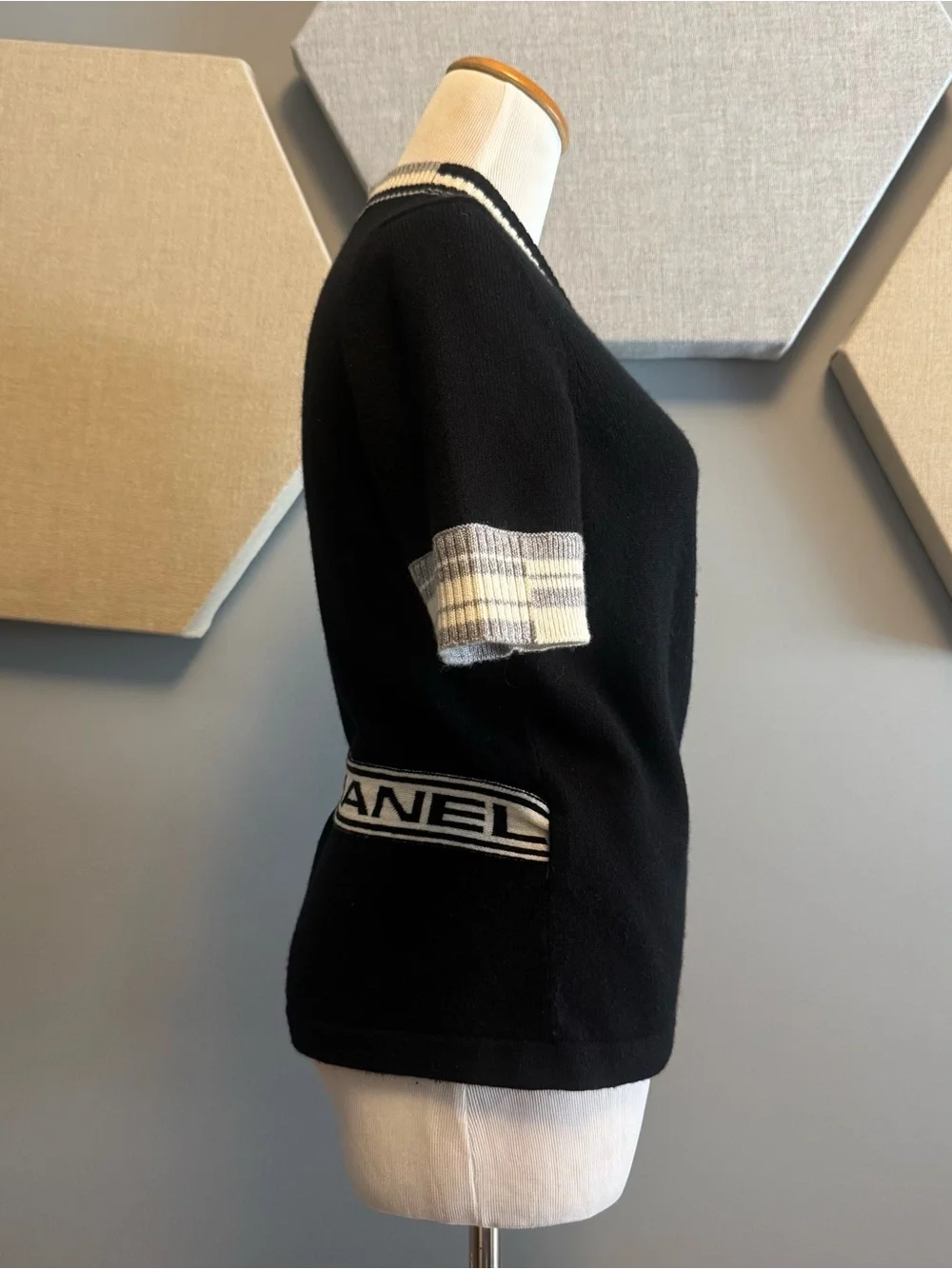 Chanel 19P Black Short-Sleeve Wrap Sweater with Contrast Trim